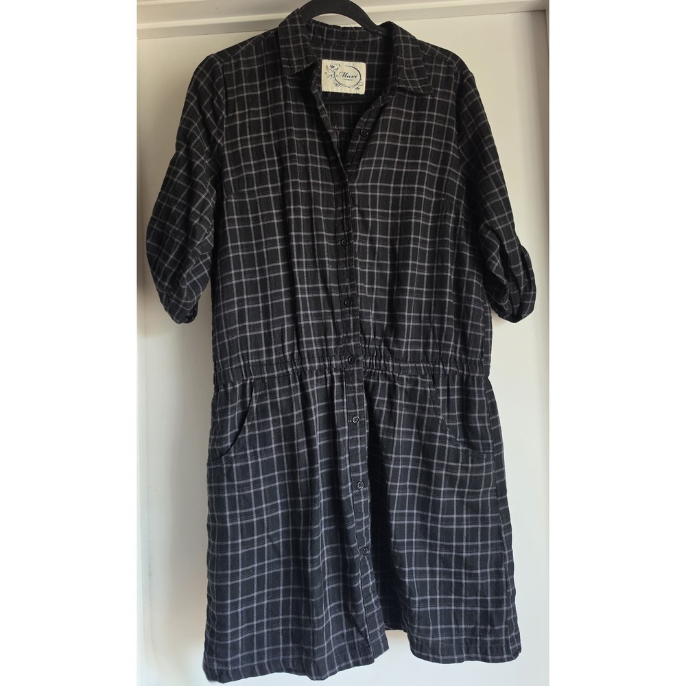 Mavi Shirt Dress Women L Black Grey Plaid Cotton Long Sleeve Collared Mini